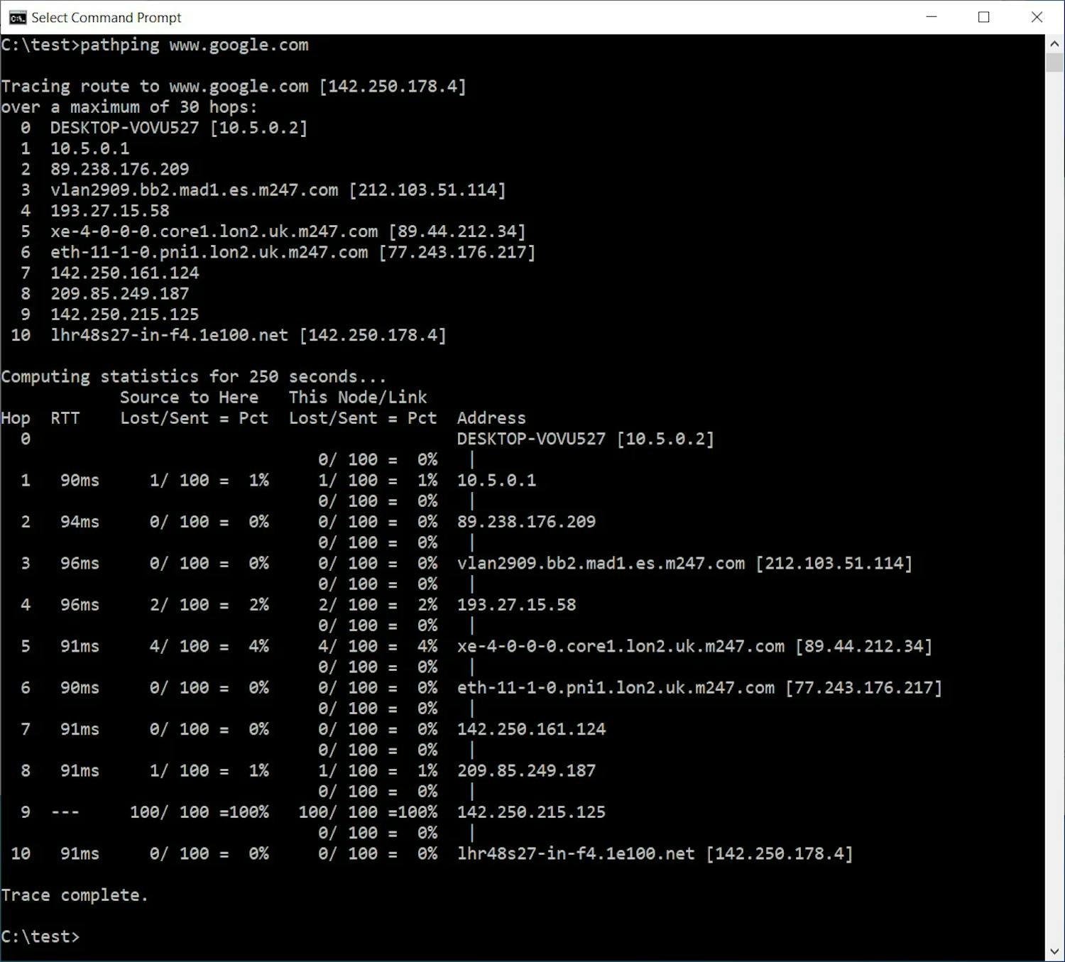 Find fejlen Pathping tager længere tid end de andre værktøjer, men giver også langt flere oplysninger, som eksperter kan bruge til at fejlfinde din forbindelse.